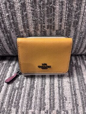 Coach Small Saffiano Zip Wallet in Mustard Yellow with Pink Pull